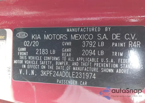 2020 Kia Forte Lxs z USA, uszkodzony, nr VIN 3KPF24AD0LE231974